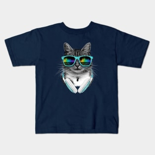 Cute cool cat Wearing Headphones and Sunglasses Kids T-Shirt